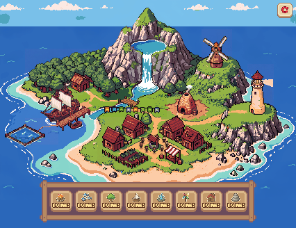 Island Evolution gameplay: a pixel-art island with a river, forest, lighthouse and village