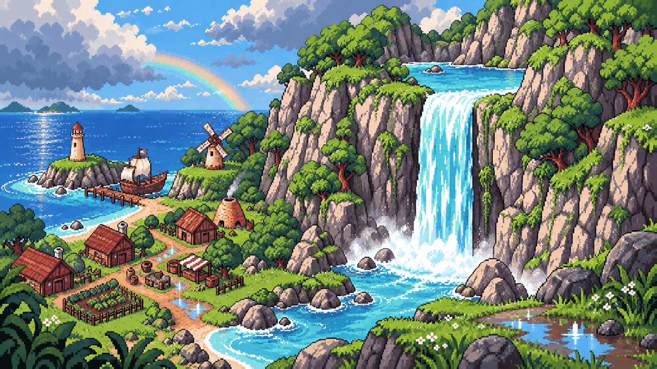 Illustration of the Island Evolution island after rain, with a waterfall feeding a stream that runs down past planted ground