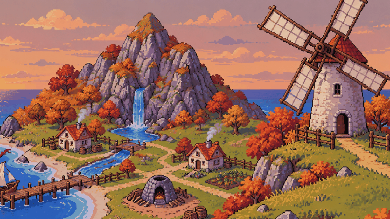 Illustration of the Island Evolution island in autumn at sunset, framed around the windmill on the hill, with a waterfall, kiln, village and harbour below