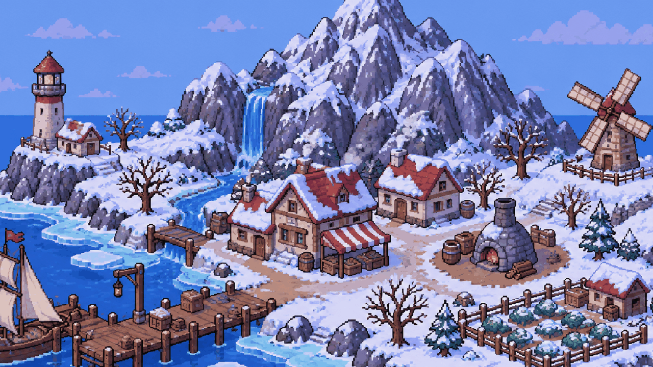 Illustration of the Island Evolution island in winter, framed around the snowy village and kiln, with ice floes, a sailing ship at the pier, the lighthouse and the windmill