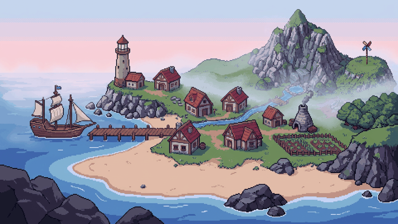 Illustration of the Island Evolution island from the shore at dawn, with a sailing ship, pier, lighthouse and village in the mist