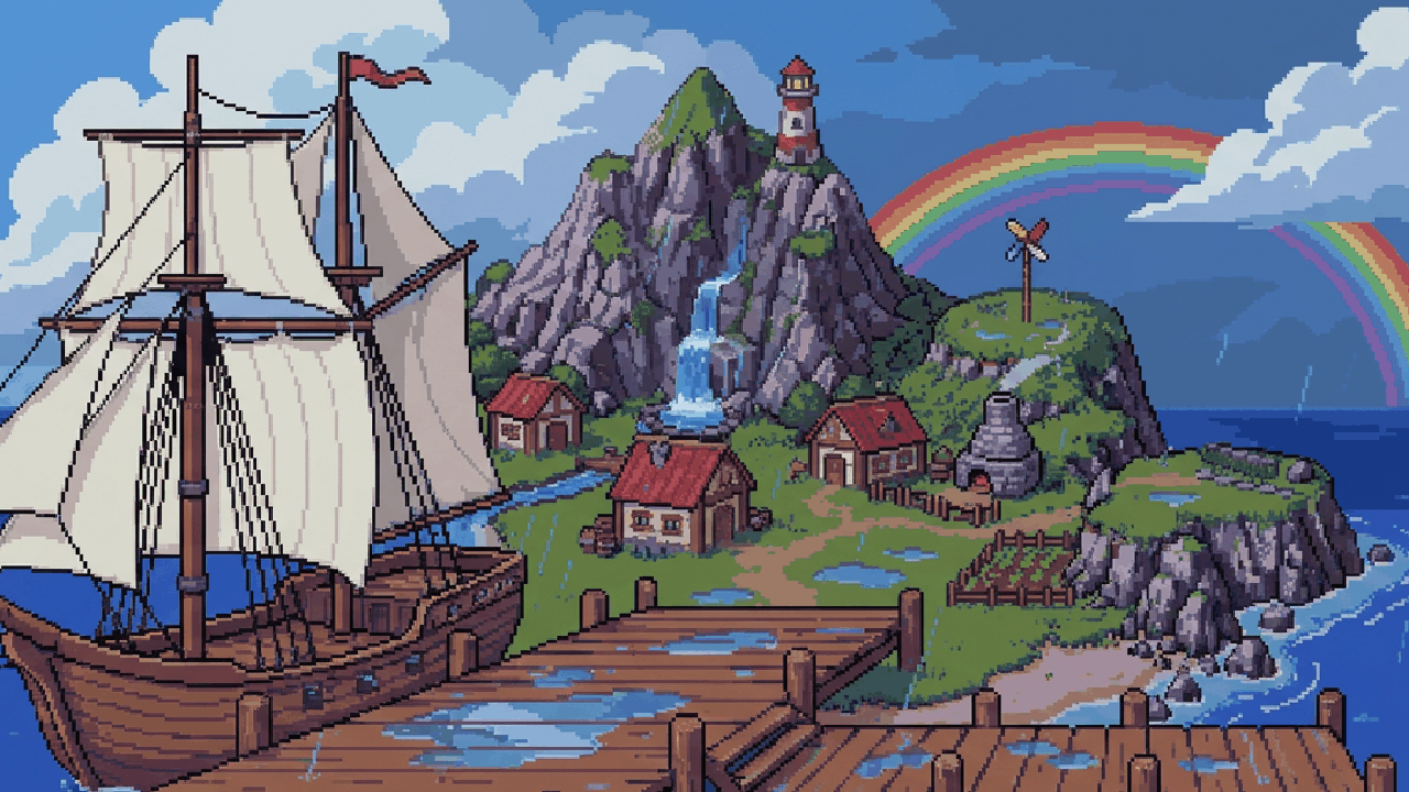 Illustration of the Island Evolution island seen from a wet harbour pier after rain, with a sailing ship, lighthouse, waterfall and a rainbow
