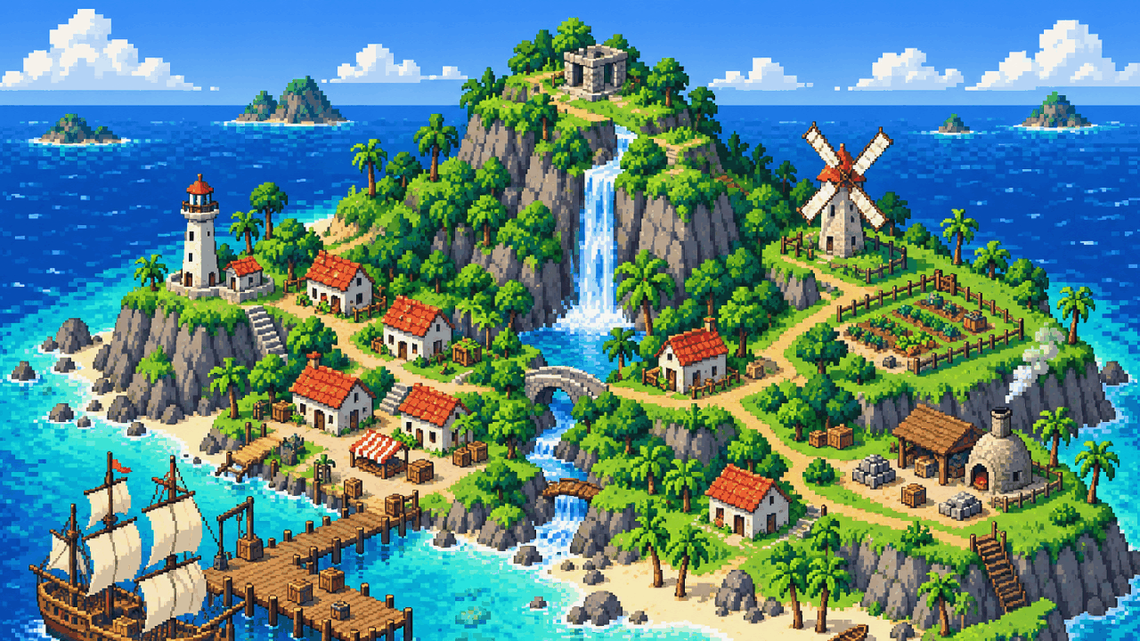 Illustration of the Island Evolution island under bright midday sun, with a waterfall, a windmill and a lighthouse