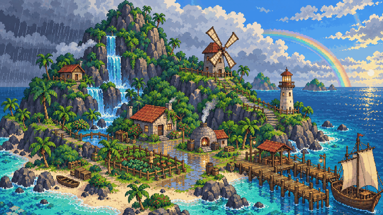 Illustration of the Island Evolution island after rain, a rainbow over the sea behind the lighthouse