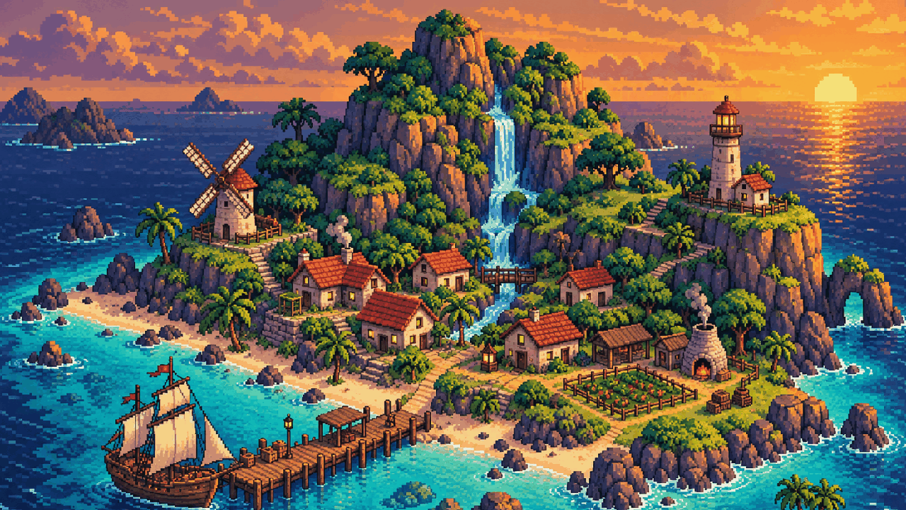 Illustration of the Island Evolution island at sunset, with a waterfall, a windmill, a lighthouse and a ship at the pier