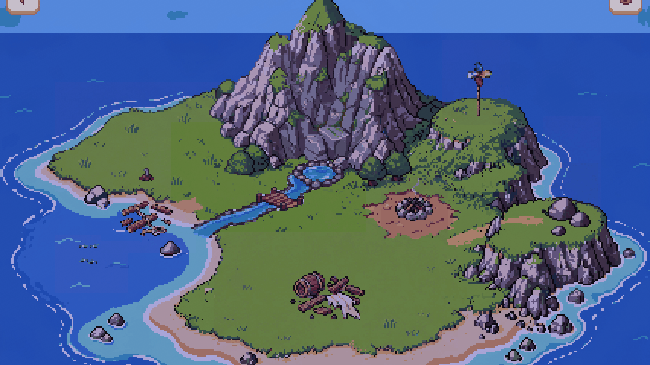 Screenshot of a failed Island Evolution run, with a burnt-out campfire, a smashed raft on the grass and wreckage by the shore