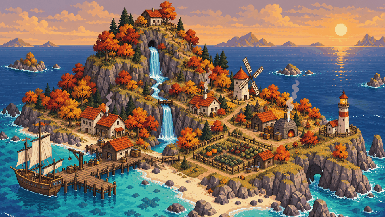 Illustration of the Island Evolution island in autumn colours at sunset, with a waterfall and a windmill
