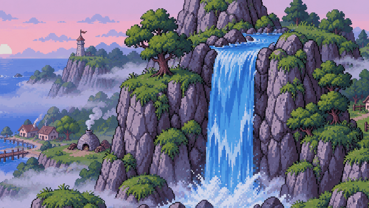 Illustration of the Island Evolution island at dawn with mist over the water and a waterfall