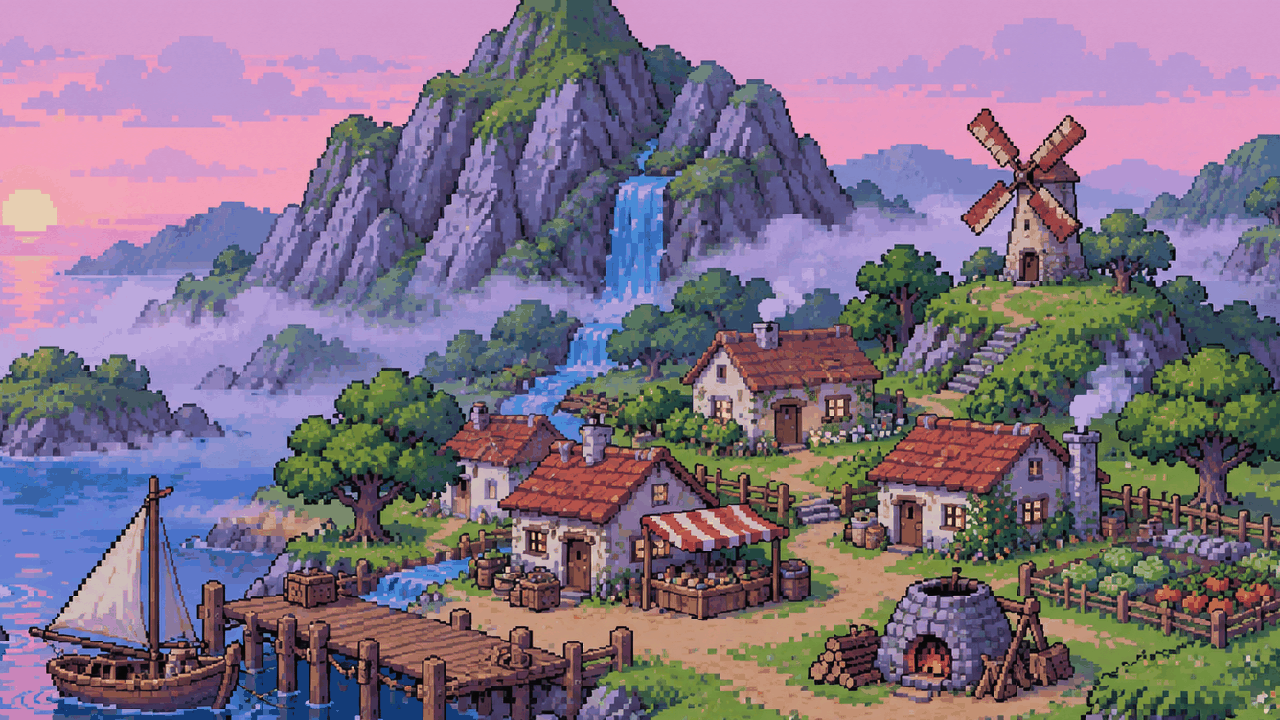 Illustration of the Island Evolution village in dawn mist, with a waterfall, a windmill, a kiln and a sailboat at the pier
