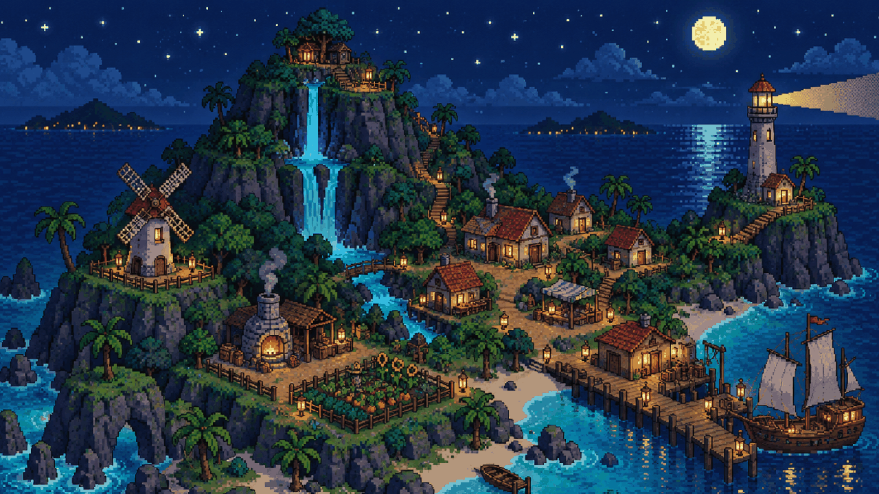 Illustration of the Island Evolution island at night, lit windows and the lighthouse beam sweeping the water