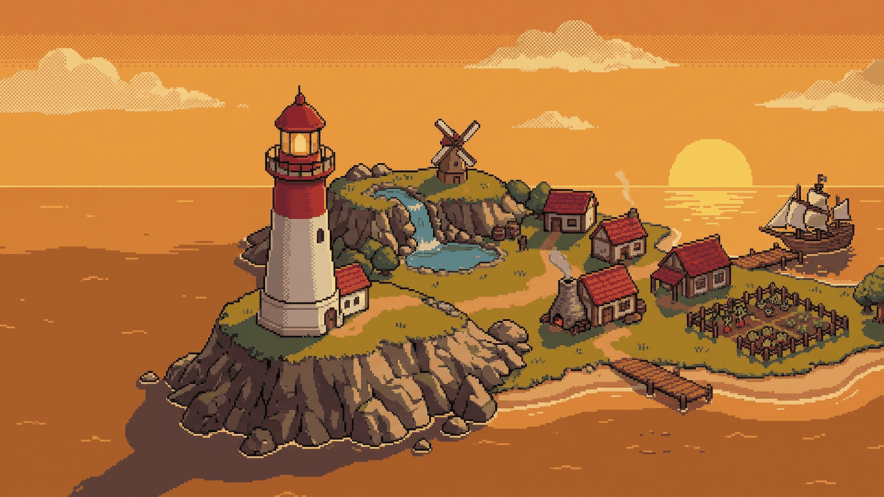 Illustration of the Island Evolution island at golden hour, framed around the lighthouse on the headland