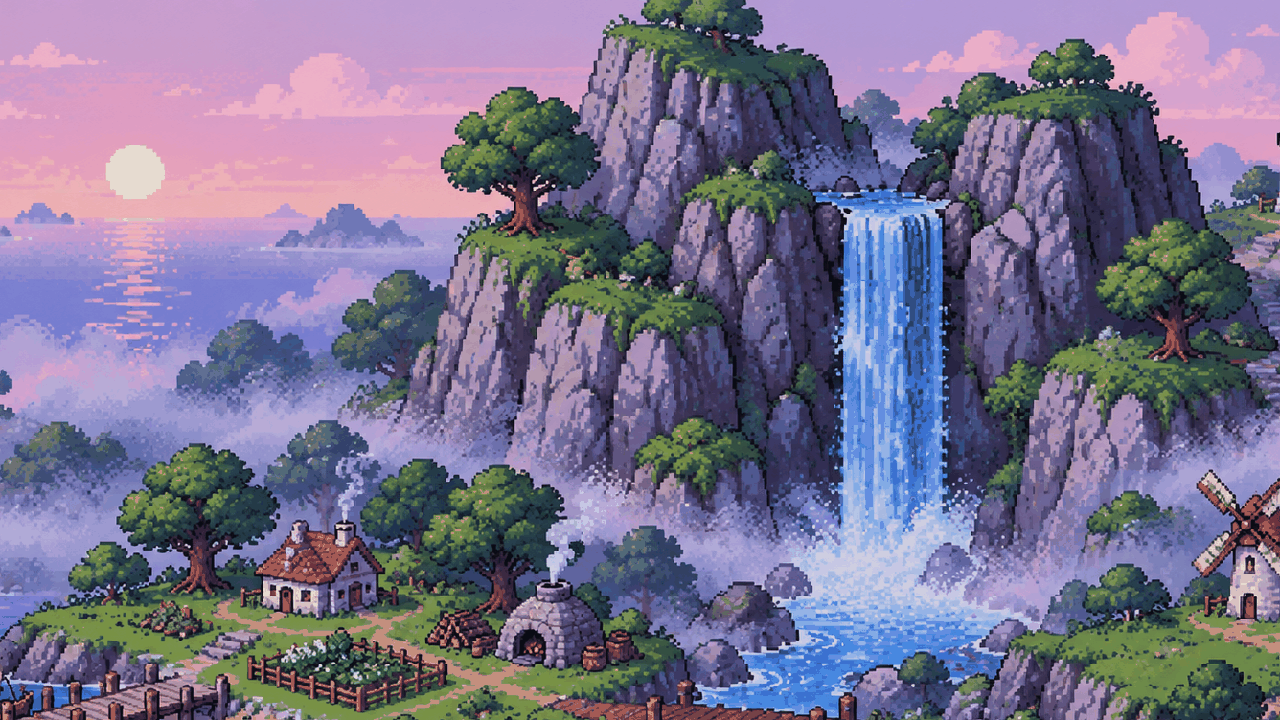 Illustration of the Island Evolution island at dawn, with a waterfall dropping between misty cliffs into a river valley, a cottage, kiln, windmill and lighthouse, and a sailing boat at the pier
