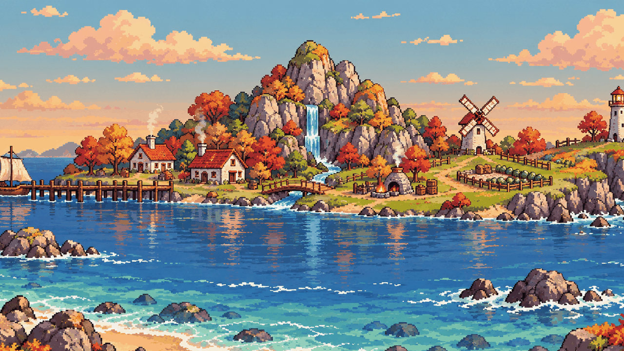 Illustration of the Island Evolution island in autumn, seen across the water from a rocky beach, with a waterfall, windmill, lighthouse and a sailing ship at the pier