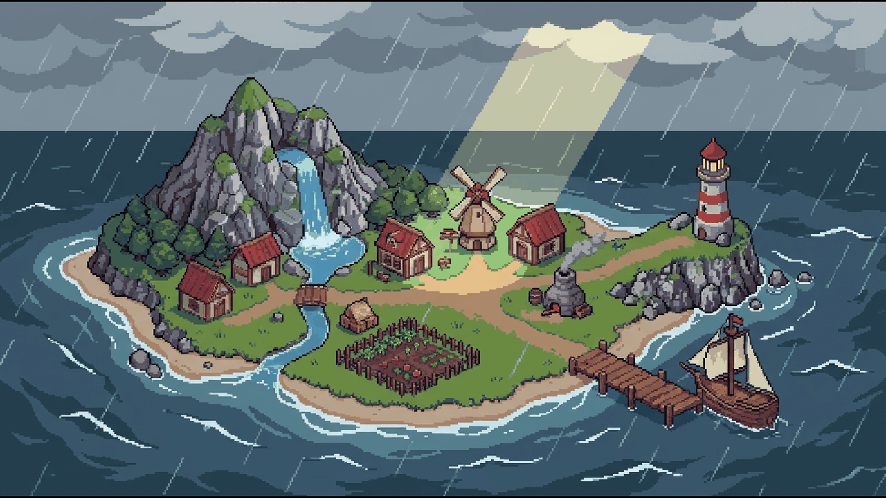 Illustration of the Island Evolution island seen from above in a storm, dark rain clouds over the village and shore