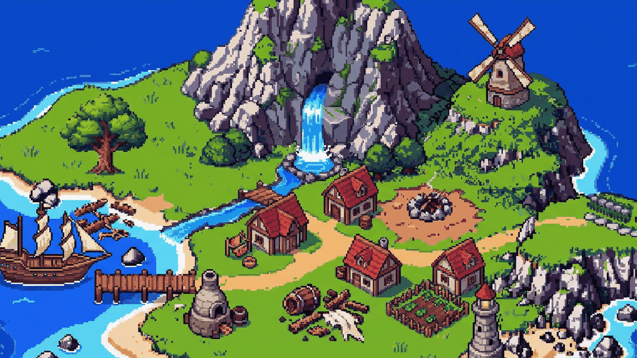 Illustration of the Island Evolution island at high noon, seen from above, with eight placed items spread across the grass