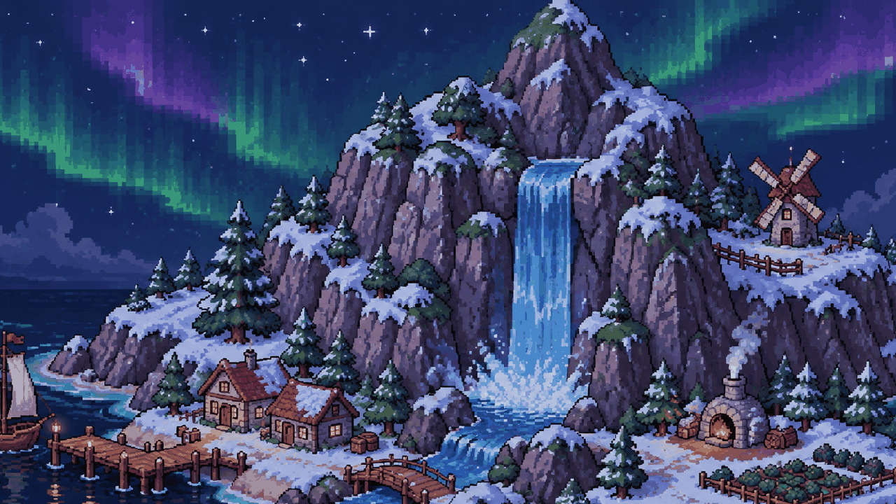Illustration of the Island Evolution island on a snowy night under an aurora, framed around the waterfall, with lit cottages, a pier and a sailing ship
